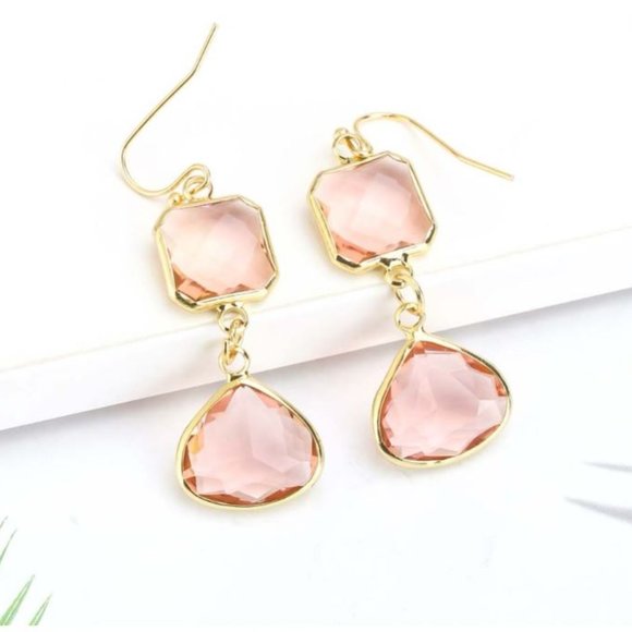 Pink Crystal & Goldtone Square Triangle Drop Earrings - Picture 5 of 5